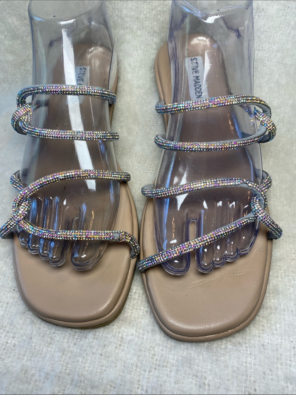 Steve Madden Tan Slide Sandals with Iridescent Beaded Straps